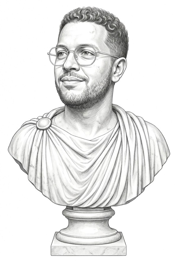 Pencil sketch of Youssef Ait Bamouh as a marble bust